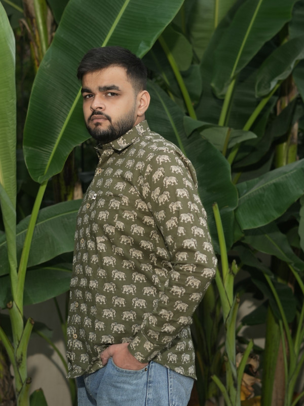 LE SENSO Men’s Cotton Block Print Shirt – Full Sleeves, Casual & Ethnic Wear (Green Elephant Print)